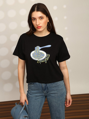 Globus Printed Women Round Neck Black T-Shirt