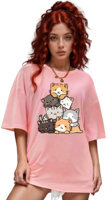 Ericia Printed, Graphic Print Women Polo Neck Pink T-Shirt