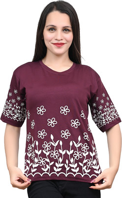 Shakti Fashion For You Floral Print Women Round Neck Maroon T-Shirt