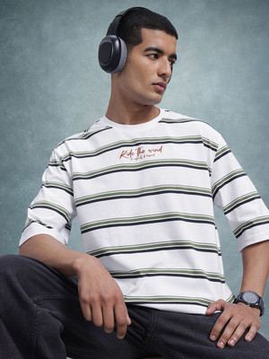 Roadster Striped Men Round Neck White T-Shirt