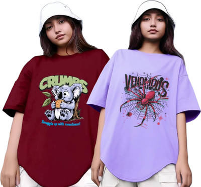 R S Fashion Printed Women Round Neck Maroon, Purple T-Shirt