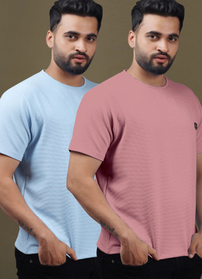 Yazole Solid Men Round Neck Light Blue, Pink T-Shirt