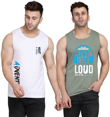 SLOWLORIS Printed Men Scoop Neck Light Green, White T-Shirt