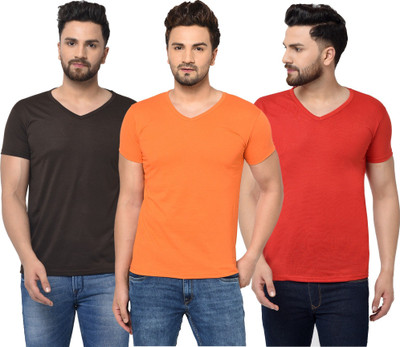 JB Jagoboy Solid Men V Neck Red, Brown, Orange T-Shirt