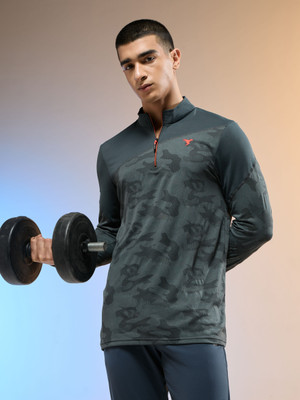 TECHNOSPORT Printed Men Zip Neck Grey T-Shirt
