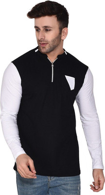 Lawful Casual Solid Men Mandarin Collar Black T-Shirt
