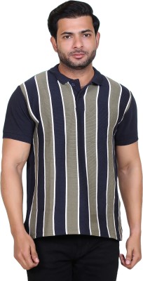 Foal and Filly Striped Men Polo Neck Navy Blue T-Shirt