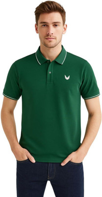 RF Raves Solid Men Polo Neck Dark Green T-Shirt