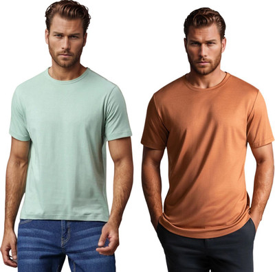 BlueFicus Solid Men Round Neck Light Green, Brown T-Shirt