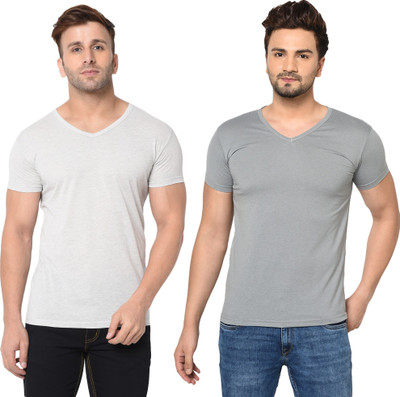 Moordale Fab Solid Men V Neck Grey, White T-Shirt