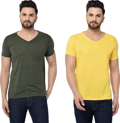 Tresna Trending Solid Men V Neck Dark Green, Yellow T-Shirt