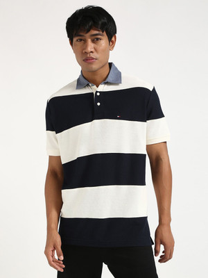 TOMMY HILFIGER Striped Men Polo Neck Blue, White T-Shirt