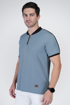 John Peters Solid Men Zip Neck Grey T-Shirt