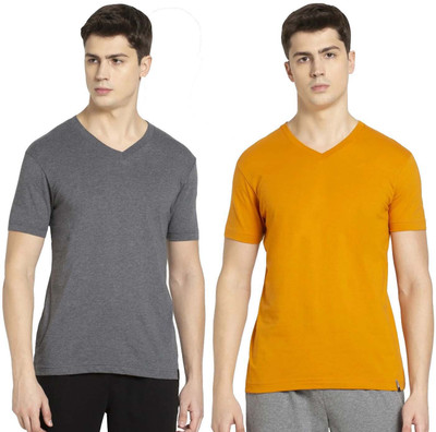 JOCKEY Solid Men V Neck Grey, Yellow T-Shirt