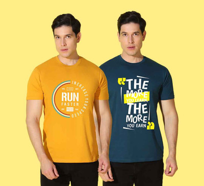 WOOSTRO Printed Men Round Neck Yellow, Blue T-Shirt