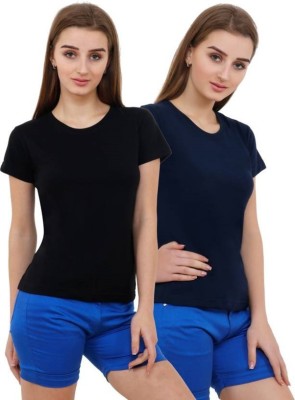 af collection Solid Women Round Neck Dark Blue, Black T-Shirt