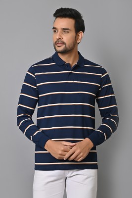 Arbour Striped Men Polo Neck Navy Blue T-Shirt