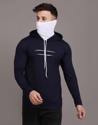 HouseOfCommon Striped Men Hooded Neck Dark Blue T-Shirt