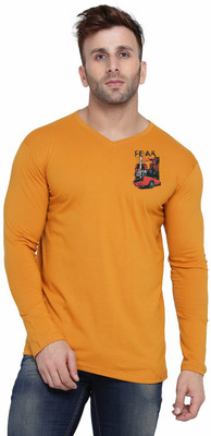 GEUM Printed Men V Neck Gold T-Shirt