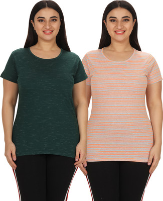 YUALIN CREATION Striped Women Round Neck Multicolor T-Shirt