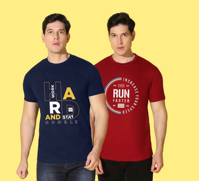 WOOSTRO Printed, Solid Men Round Neck Blue, Maroon T-Shirt