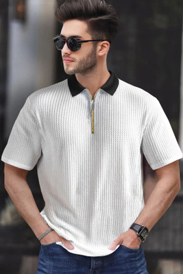 TRIPR Self Design Men Polo Neck White, Black T-Shirt