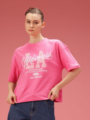 Dressberry Printed Women Round Neck Pink T-Shirt