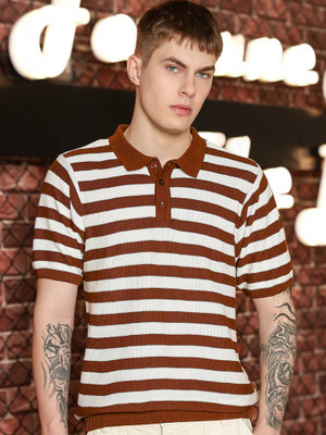 MANIAC Striped Men Polo Neck Brown T-Shirt