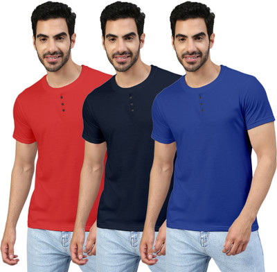 FTX Solid Men Round Neck Red, Navy Blue, Blue T-Shirt