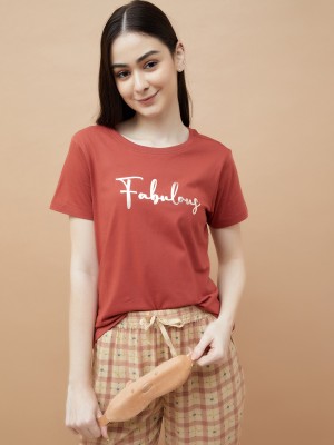 Ginger by Lifestyle Printed Women Round Neck Red T-Shirt