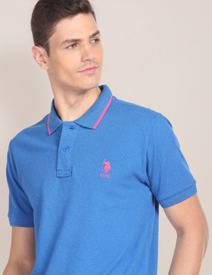 U.S. POLO ASSN. Self Design Men Polo Neck Blue T-Shirt