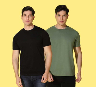 WOOSTRO Solid, Printed Men Round Neck Black, Green T-Shirt