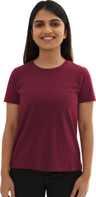 BlissClub Solid Women Round Neck Maroon T-Shirt