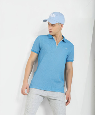 JACK & JONES Self Design Men Polo Neck Blue T-Shirt