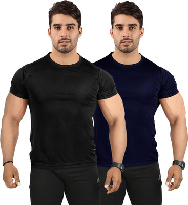 UDI n ADI Solid Men Round Neck Dark Blue, Black T-Shirt