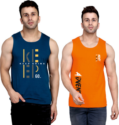 SLOWLORIS Printed Men Round Neck Dark Blue, Orange T-Shirt