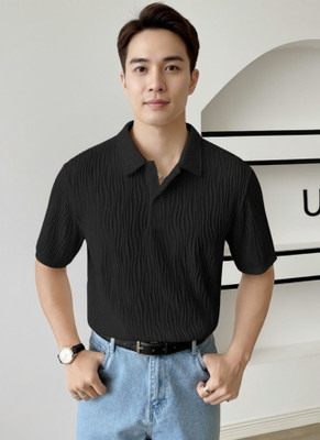 Leriya Fashion Self Design Men Polo Neck Black T-Shirt