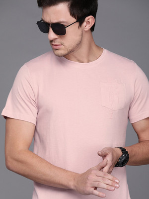 WROGN Solid Men Round Neck Pink T-Shirt