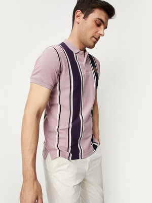 MAX Striped Men Polo Neck Purple T-Shirt