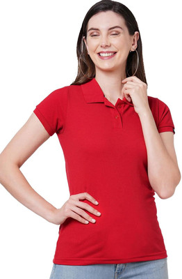 maketin Solid Women Polo Neck Red T-Shirt