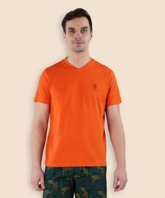 U.S. POLO ASSN. Solid Men V Neck Orange T-Shirt
