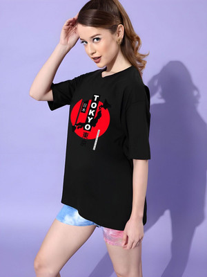 Moda Rapido Printed Women Round Neck Black T-Shirt
