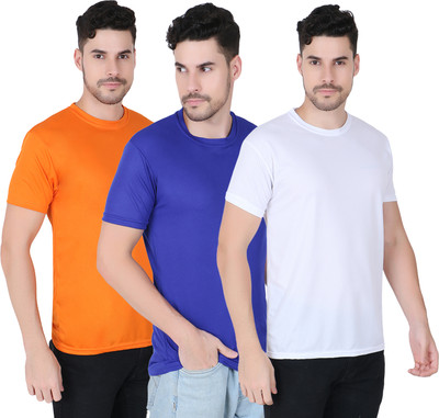 FABSHORE Solid Men Round Neck Blue, Orange, White T-Shirt