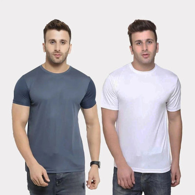 TQH Solid Men Round Neck White, Grey T-Shirt