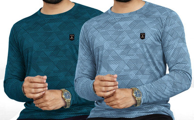 AVOLT Printed Men Round Neck Dark Blue, Light Blue T-Shirt