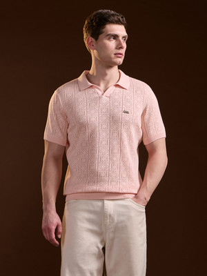 THE BEAR HOUSE Self Design Men Polo Neck Pink T-Shirt
