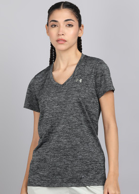 UNDER ARMOUR Self Design Women V Neck Black T-Shirt