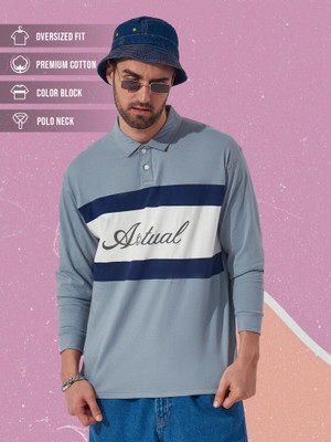 MANIAC Typography Men Polo Neck Grey T-Shirt