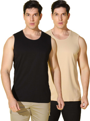 WOOSTRO Solid Men Round Neck Black, Beige T-Shirt