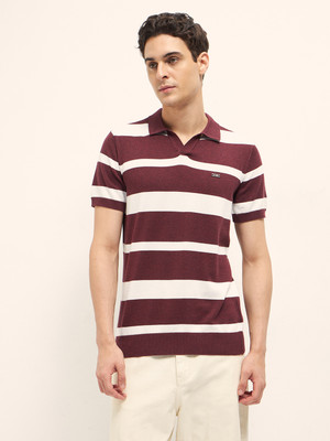 THE BEAR HOUSE Striped Men Polo Neck Maroon T-Shirt